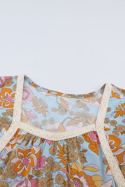 Brown Vintage Floral Smocked Bodice Flare Sleeve Tiered Long Dress