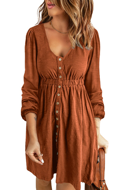 Orange Button Up High Waist Long Sleeve Dress