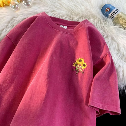 Sunflower Embroidered Washed Short-sleeved T-shirt For Men