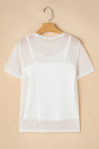White Solid Color Sheer Mesh Patchwork Short Sleeve Top