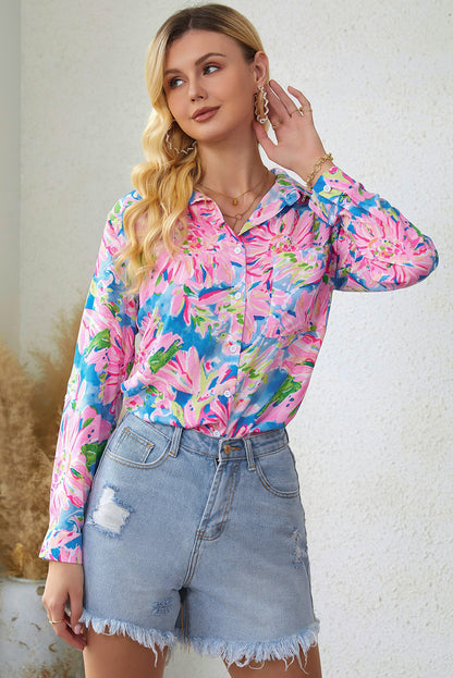 Pink Floral Print Buttoned V Neck Shirt