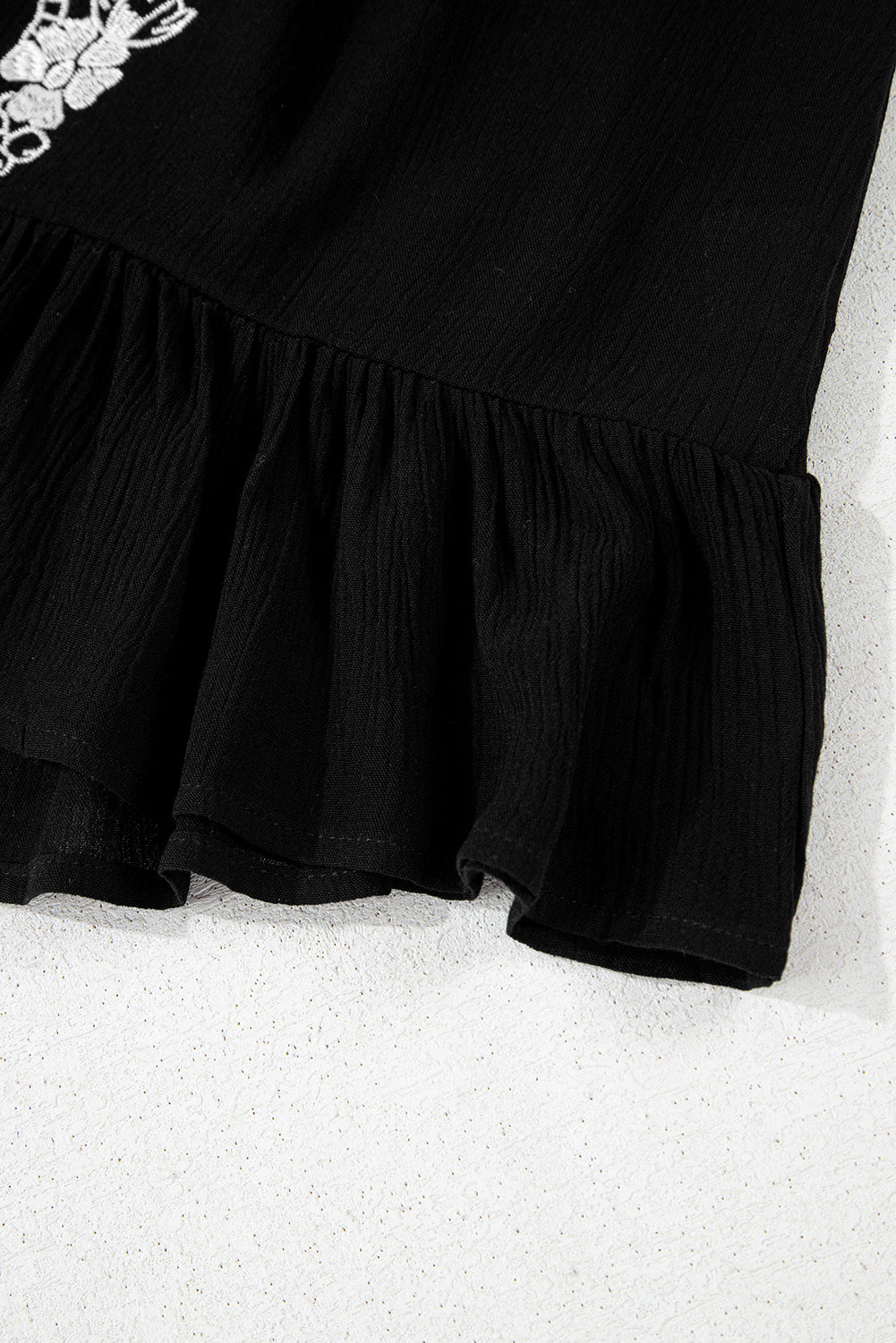 Black Floral Embroidery Ruffled Spaghetti Straps Tank Top