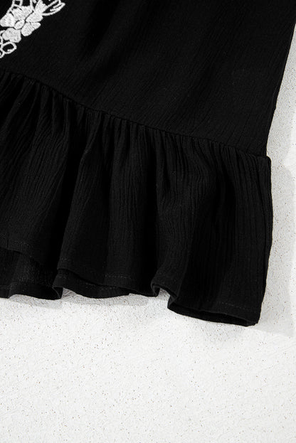 Black Floral Embroidery Ruffled Spaghetti Straps Tank Top