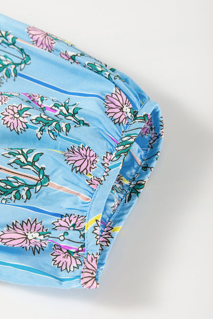 Sky Blue Floral Striped Print Shirred Yoke Split Neck Blouse