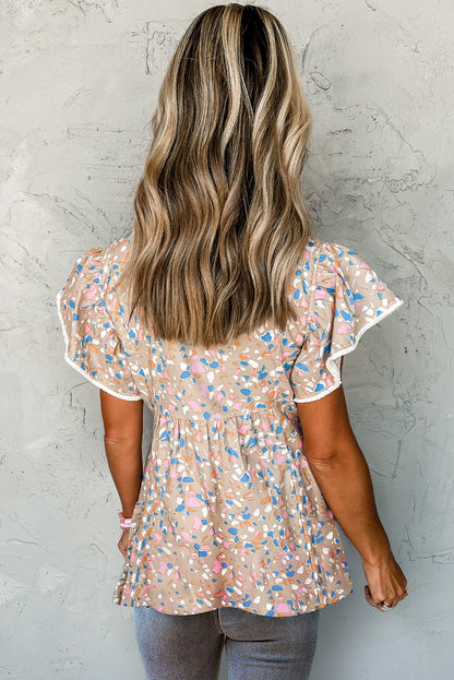 Rose Printed Crisscross Decor V Neck Flutter Sleeve Dress