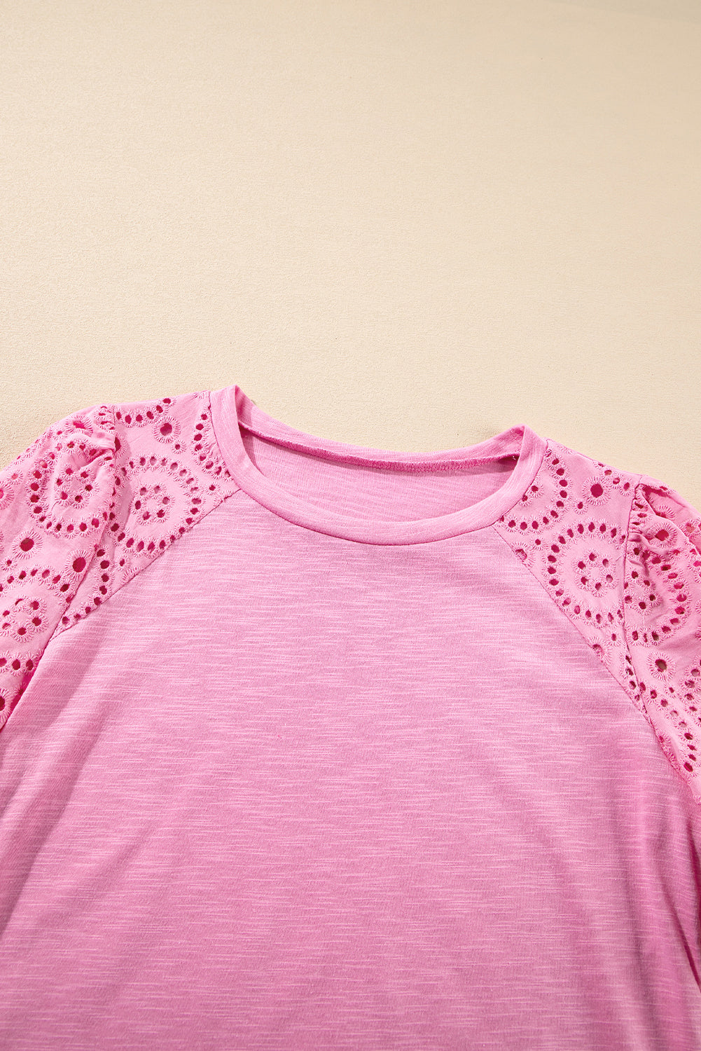 Pink Eyelet Embroidery Scalloped Sleeve Round Neck T Shirt