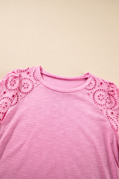 Pink Eyelet Embroidery Scalloped Sleeve Round Neck T Shirt