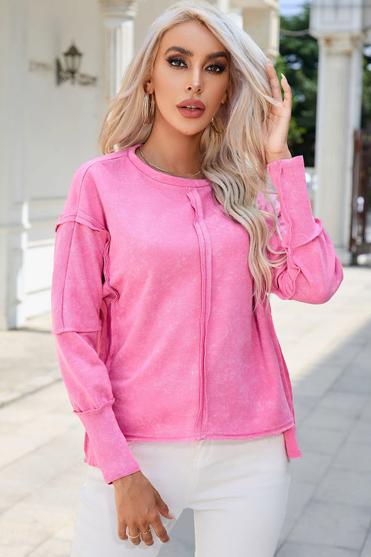 Rose Exposed Seamed High Low Raw Edge Sweatshirt