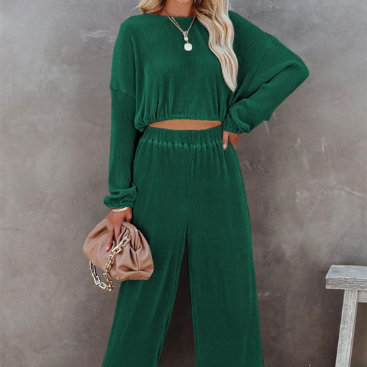 Women's Round-neck Long Sleeve Short Top And Wide Leg Pants Suit