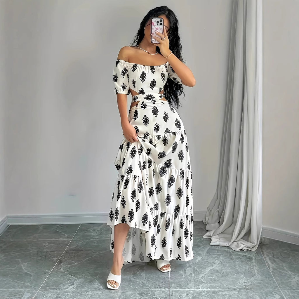 Womens Summer Printed Bandage Sexy A-Line Off-Shoulder Tube Dress