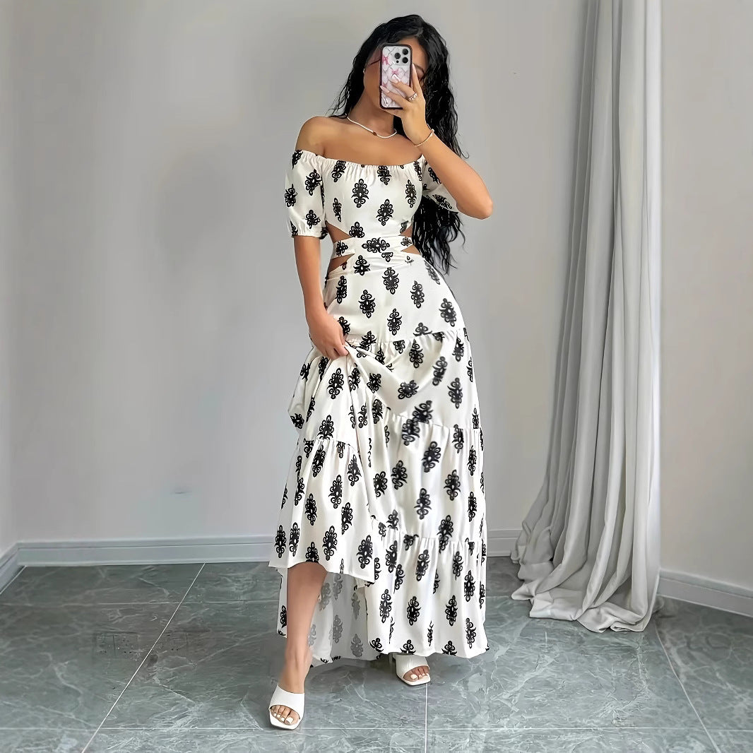 Womens Summer Printed Bandage Sexy A-Line Off-Shoulder Tube Dress