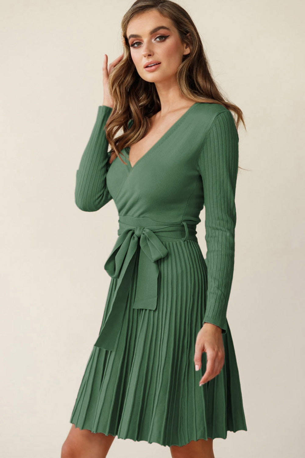 Black Belted V Neck Ribbed Pleated Sweater Dress