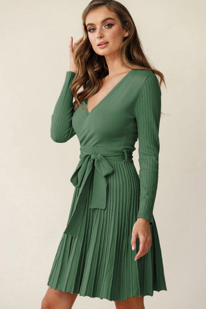 Black Belted V Neck Ribbed Pleated Sweater Dress