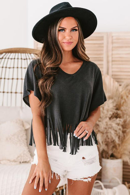 Red Fringe Hem V Neck T Shirt