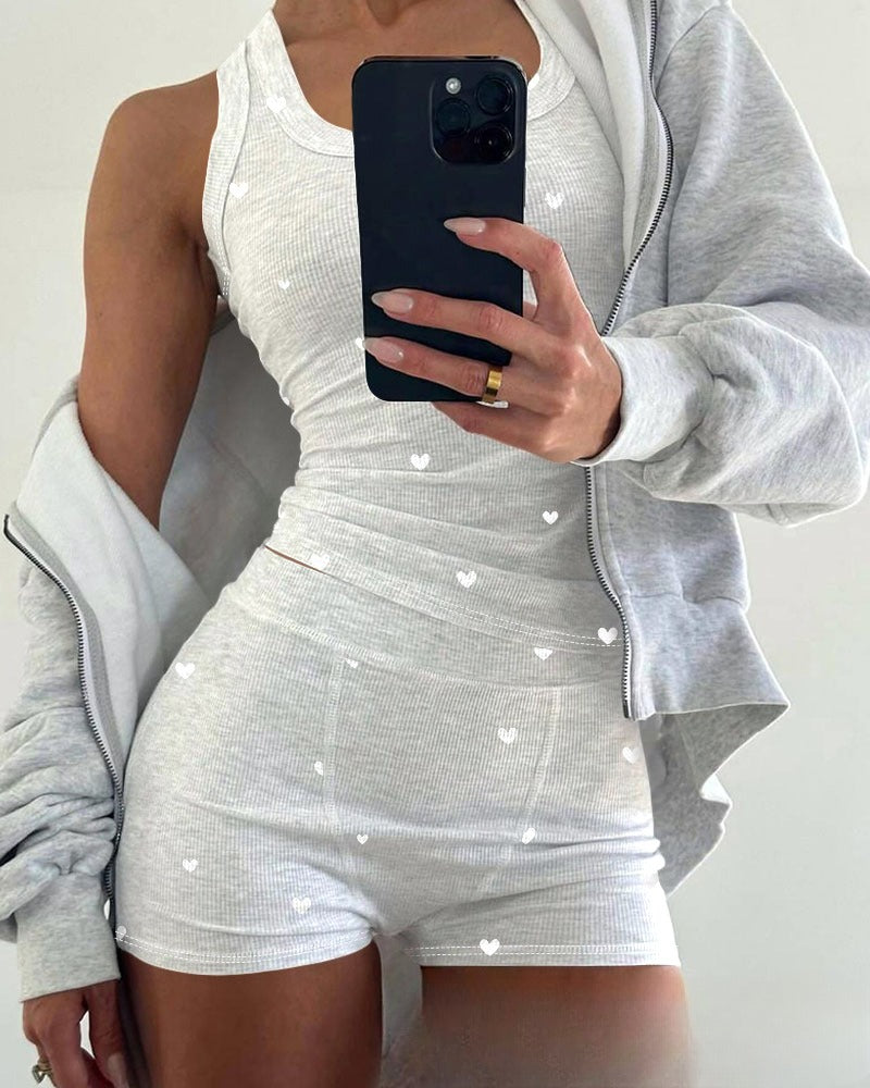 Light Gray U-Neck Ribbed Tank Top And Shorts 2-Piece Set