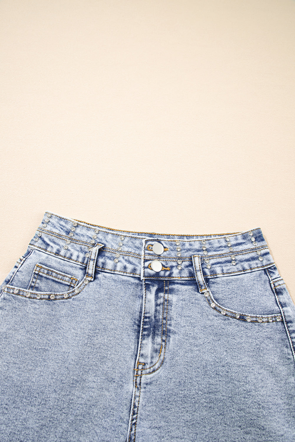 Beau Blue Rhinestone Light Wash Raw Hem High Waist Denim Shorts