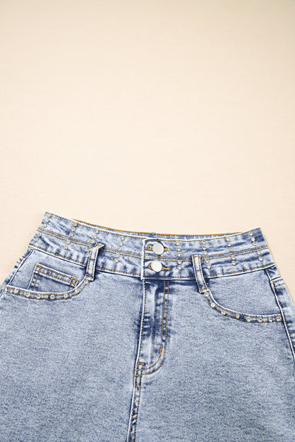 Beau Blue Rhinestone Light Wash Raw Hem High Waist Denim Shorts