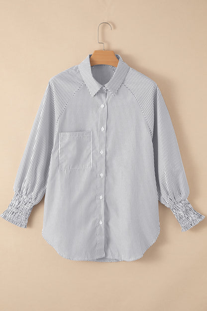 Sky Blue Smocked Cuffed Striped Boyfriend Shirt with Pocket