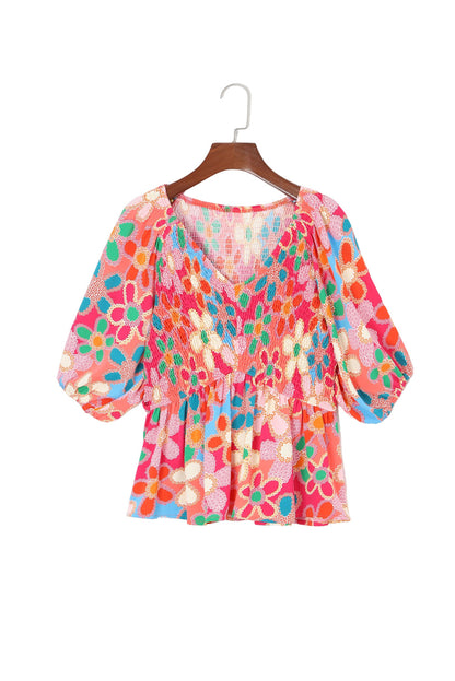 Multicolor Floral Print Smocked Square Neck Ruffles Blouse