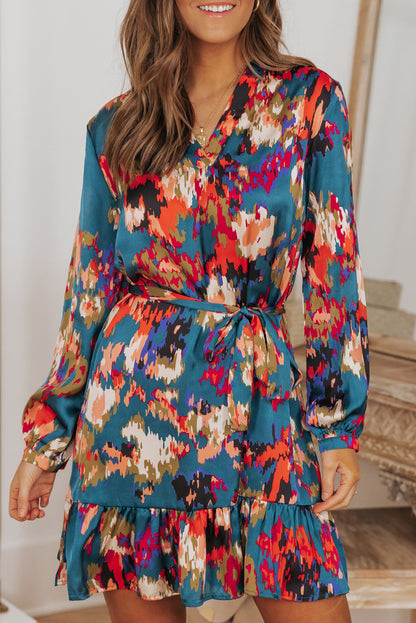 Black Abstract Print Ruffled Drawstring High Waist Mini Dress