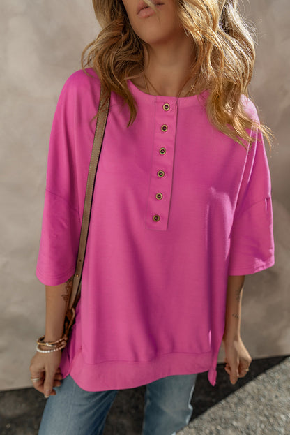 Rose Red Exposed Seam Button Neck Wide Sleeve Tunic Top