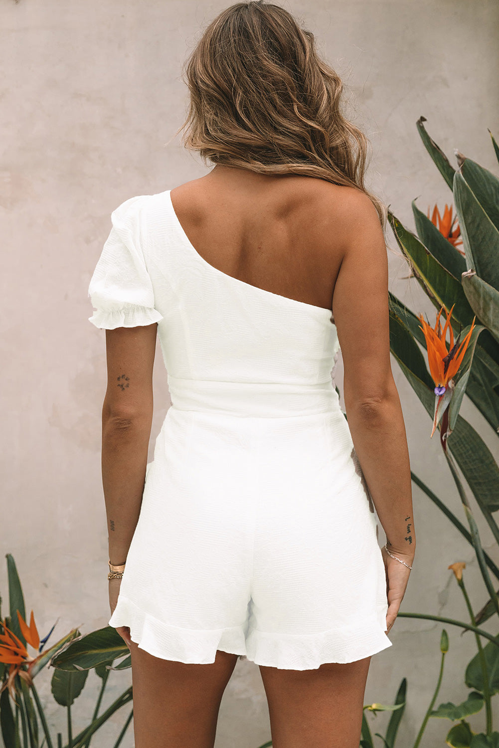 White One-shoulder Puff Sleeves Romper with Ruffle Trim