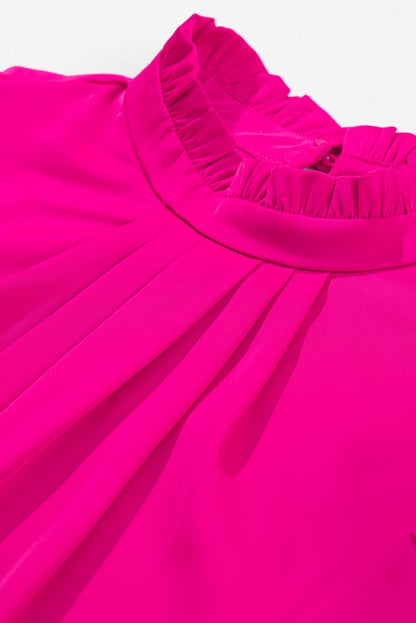 Bright Pink Pleated Mock Neck Frilled Trim Sleeveless Top