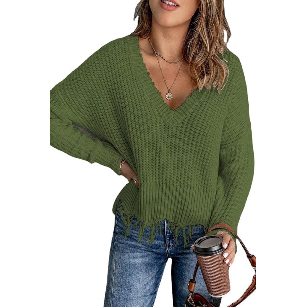 Autumn And Winter Fashion Women's Tassel Ripped Sweater Knitted