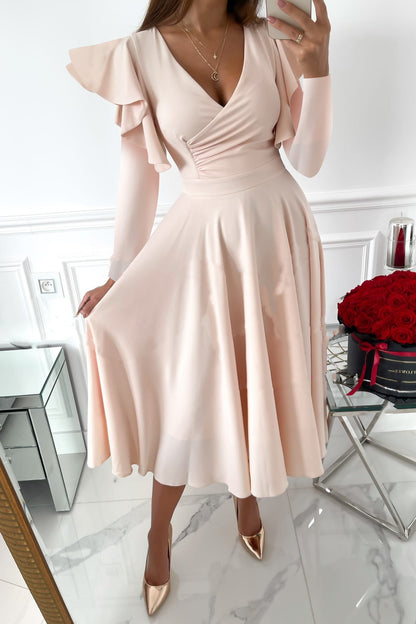 Long Sleeve V-neck Flounce Waist Dress Women's Clothing
