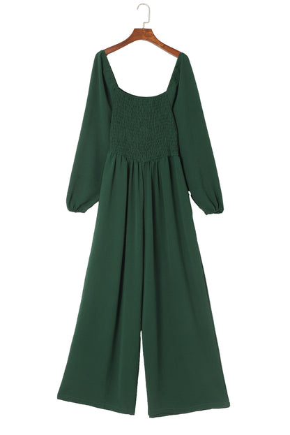 Green Smocked Square Neck Long Sleeve Wide Leg Jumpsuit
