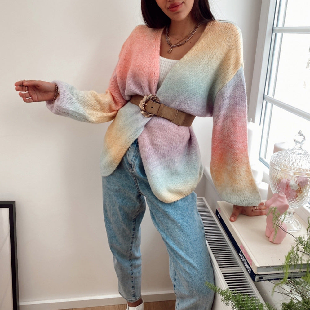 Autumn And Winter Rainbow Tie-dye Knitted Top Mid-length Cardigan Sweater