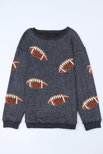Black Sequin Rugby Graphic Pullover Sweatshirt