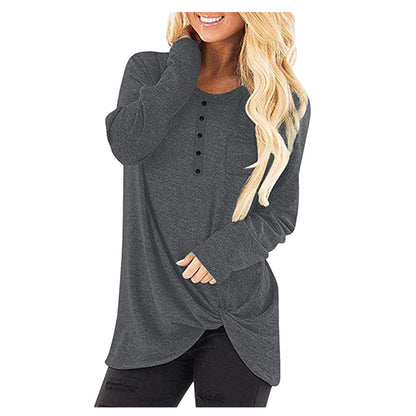 Solid Color Pullover Ladies Round Neck Pocket Long Sleeve Twisted Top