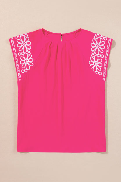 Strawberry Pink Floral Embroidered Flutter Sleeve Pleated O Neck Plus Size Blouse