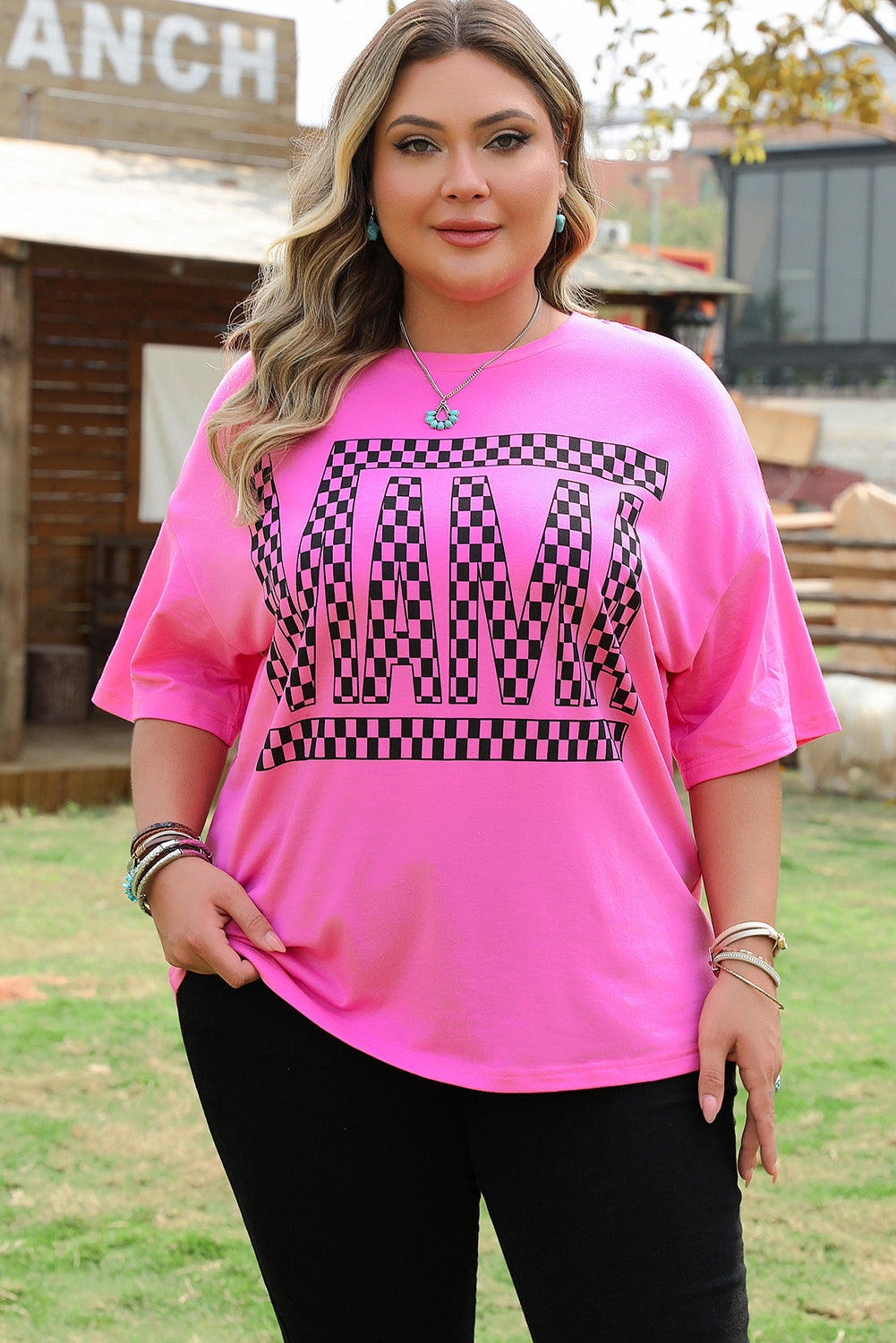 Bright Pink Checker MAMA Letter Printed Graphic Plus Size T Shirt