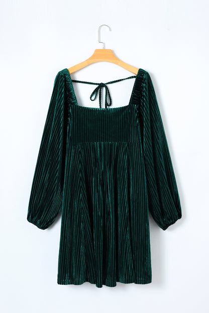 Blackish Green Smocked Ribbed Velvet Babydoll Top
