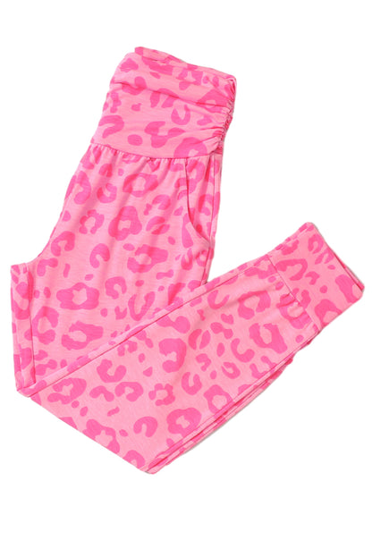 Pink Leopard Print Ankle-length High Waist Skinny Pants