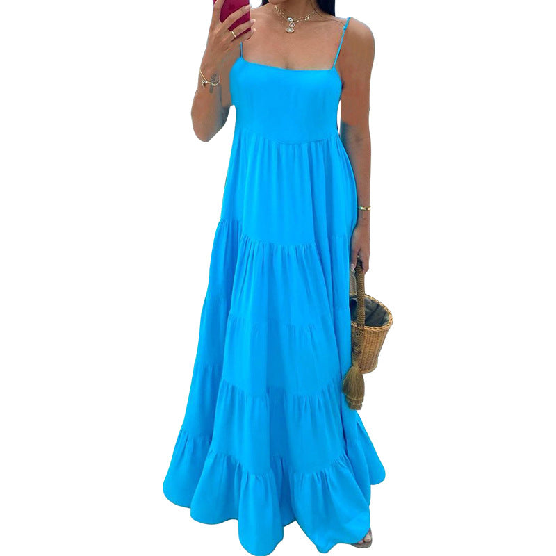 Loose Solid Color Suspender Dress Women's Clothing