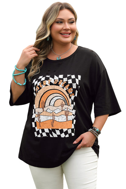 Black Checkerd DESERT DREAMS Printed Ripped Plus Size Tee