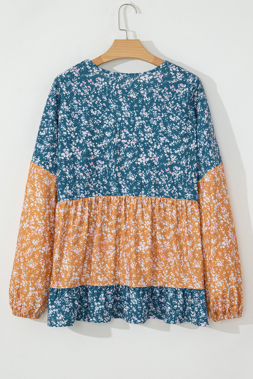 Orange Floral Color Block Patchwork Ruffled Hem Round Neck Blouse