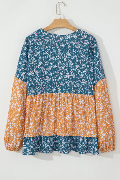 Orange Floral Color Block Patchwork Ruffled Hem Round Neck Blouse