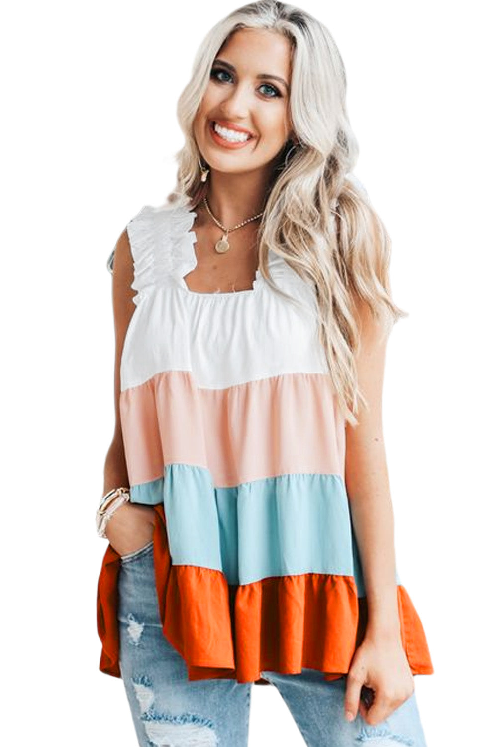 Multicolor Frill Tiered Colorblock A-line Sundress