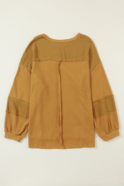 Chestnut Leopard Patchwork Chest Pocket Corded Henley Top