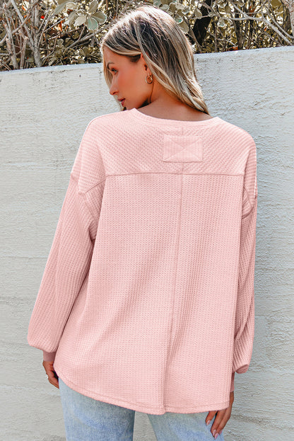 Light Pink Waffle V Neck Long Sleeve Drop Shoulder Loose Blouse