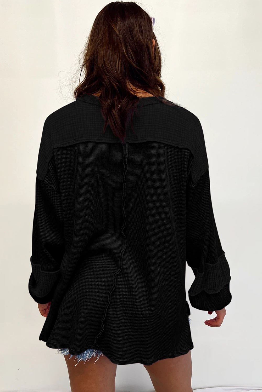 Chestnut Leopard Patchwork Chest Pocket Corded Henley Top