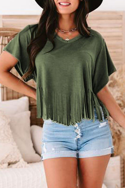 Red Fringe Hem V Neck T Shirt