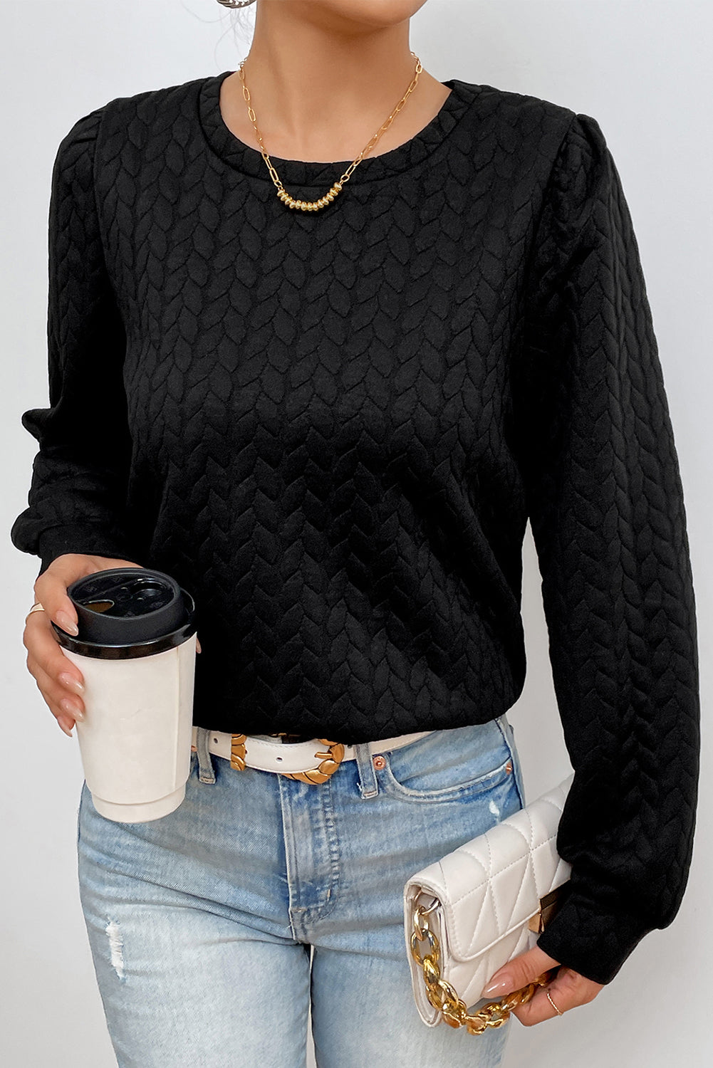 Rose Red Cable Textured Puff Sleeve Sweatshirt
