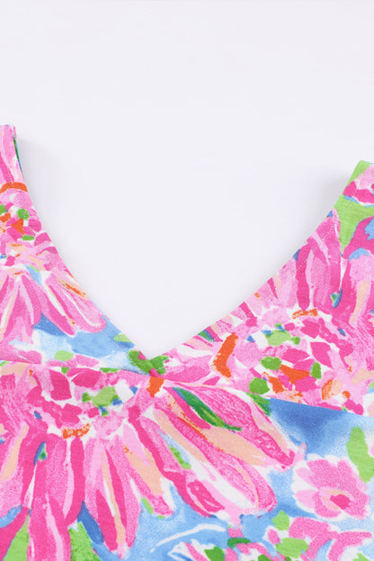 Pink Floral Print Buttoned V Neck Shirt