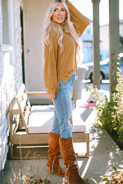 Chestnut Leopard Patchwork Chest Pocket Corded Henley Top