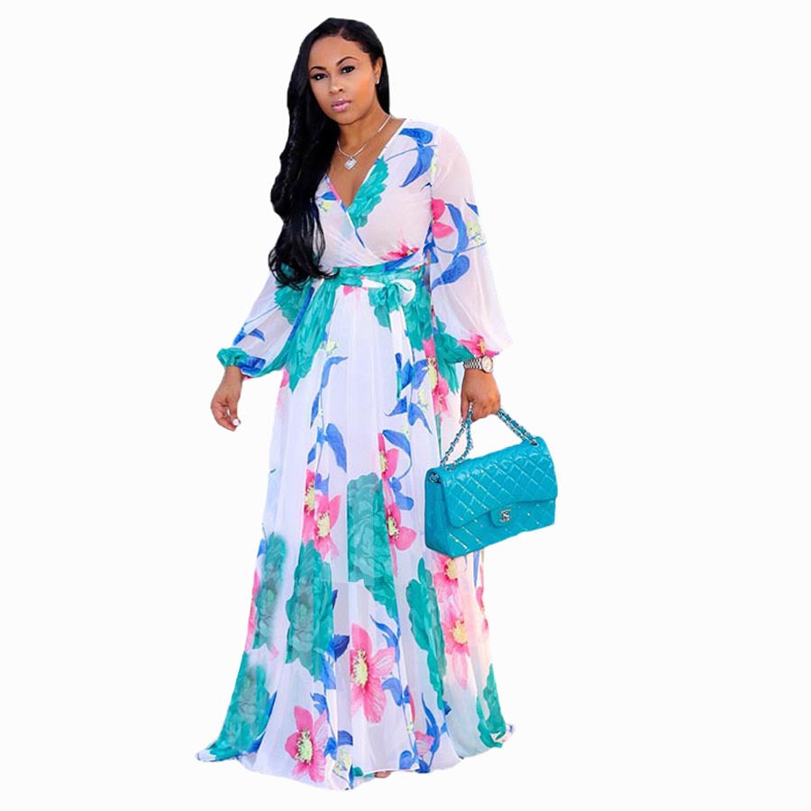 Chiffon Long-Sleeved Digital Print Big Skirt Dress Women's Clothing